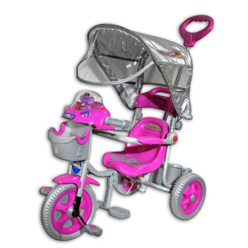Трехколесный велосипед с игрушкой, зонтом и памперсом.